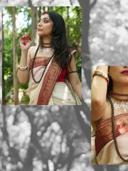 A mix of color and monochrome frames, showing the model in her Parvati-inspired look amidst the trees, creating a sense of timelessness.