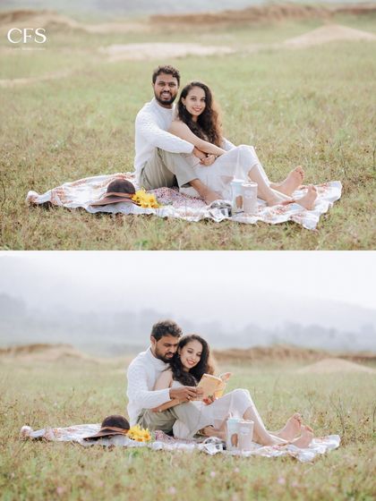 A diptych from a picnic session, showing the couple enjoying each other's company while reading a book together.