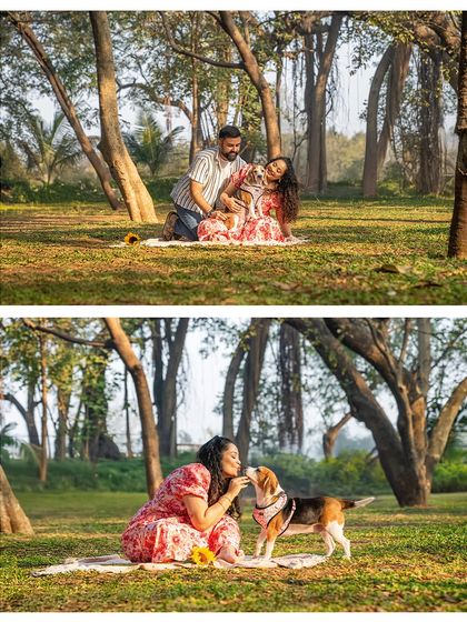 A collage of tender moments from Rrari's outdoor birthday picnic. It shows her enjoying cuddles and kisses from her loving parents in a beautiful, sunlit park.