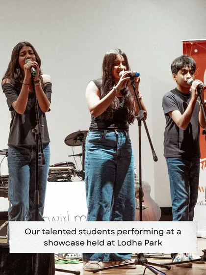 Three of our vocal students performing together at a showcase in Lodha Park. Learning in a group helps build teamwork, friendship, and the confidence to sing out loud.