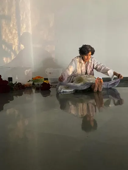 A still from Smitha Cariappa's live art performance, 'Seeing is not the same as Looking'. I work with artists across all mediums, including time-based and performance art. These events challenge the traditional gallery format and offer a unique, fleeting experience.