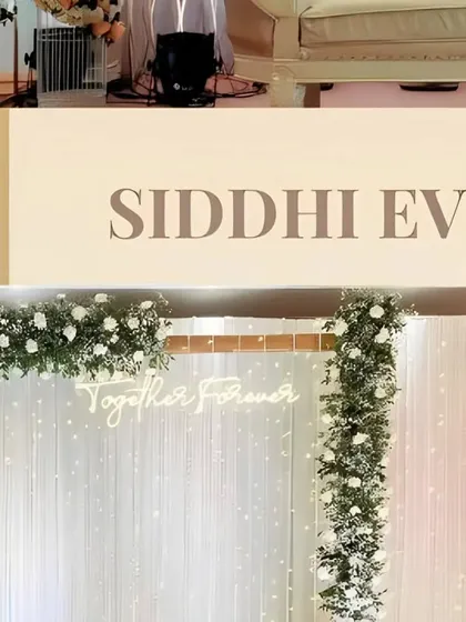 A collage showcasing our custom decor elements, including a 'Together Forever' neon sign and elegant floral arrangements against a sparkling backdrop.