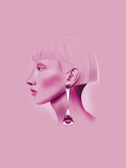 A profile portrait created digitally. This was a study in form and style, experimenting with sharp lines and bold accessories to create a high-fashion look.