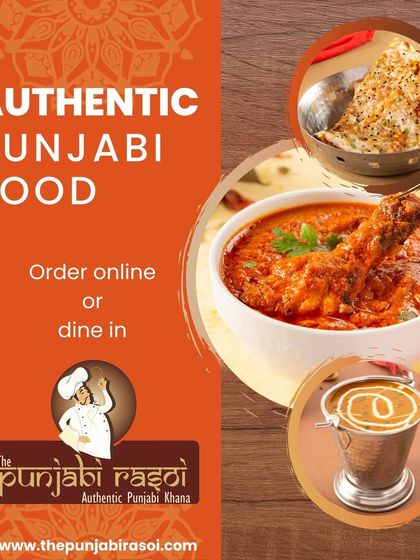 It doesn't get better than this. This graphic is a simple and direct invitation to order online or dine in for authentic Punjabi food.