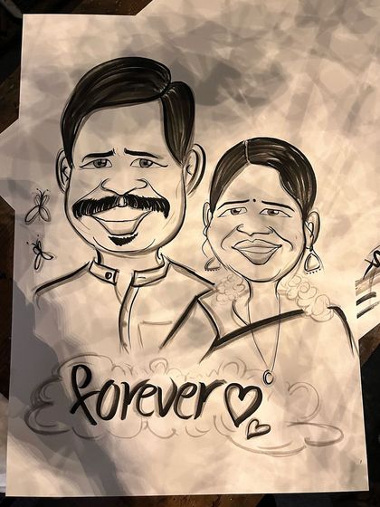 A classic "Forever" caricature for a lovely couple. The simple black ink style focuses on their happy expressions and connection.