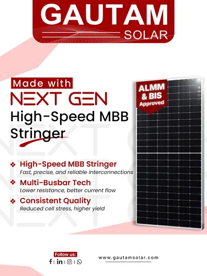 Our ALMM & BIS approved modules are made with a Next Gen High-Speed MBB Stringer. This technology ensures fast and reliable interconnections, lower resistance with multi-busbar tech, and consistent quality for reduced cell stress and higher yield.