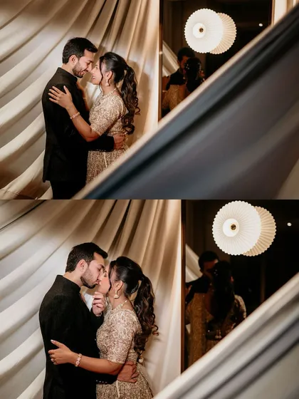 An intimate diptych of the couple sharing a kiss during their reception. The reflection in the mirror adds a layer of depth, capturing not just the moment but also the romantic atmosphere of their celebration.