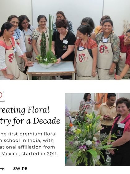 An informational post celebrating over a decade of creating floral artistry. As India's first premium floral design school, we are proud to open new batches for aspiring designers.