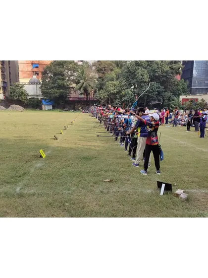 The shooting line at the DSO Zonal Archery Competition at Kamgar Maidan, Parel, where 6 of our archers qualified for the state competition.