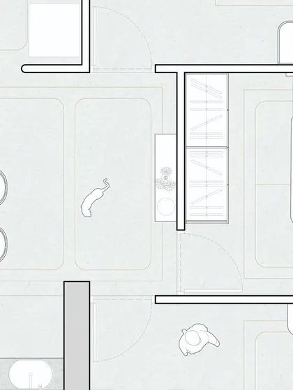 This layout detail shows the transition from the dining area to one of the bedrooms. It reflects the thoughtful planning required to ensure a smooth and logical flow throughout the apartment.