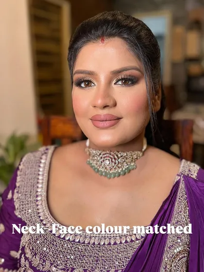 The final result: a perfectly even base where the face and neck color match seamlessly. This is a non-negotiable for professional makeup artistry.