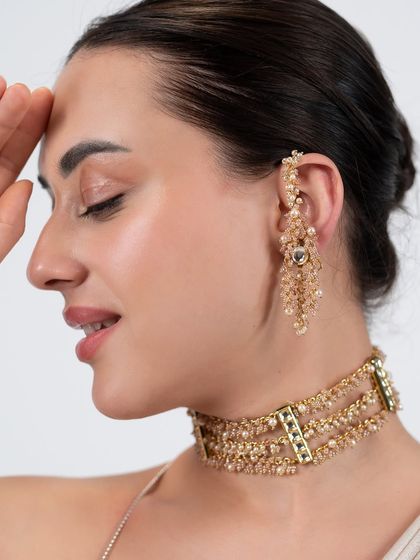 This earcuff and choker set in peach and green tones is another one of our most requested designs.