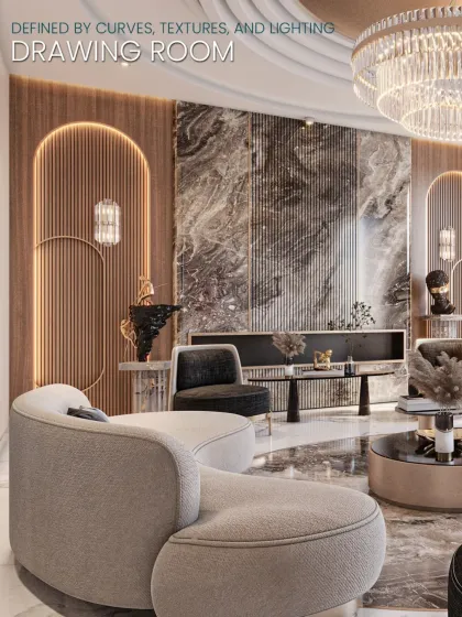 We believe in creating visual drama through form and texture. This drawing room is defined by its sculptural curves, rich materials, and layered lighting, crafting an environment that is both luxurious and welcoming.