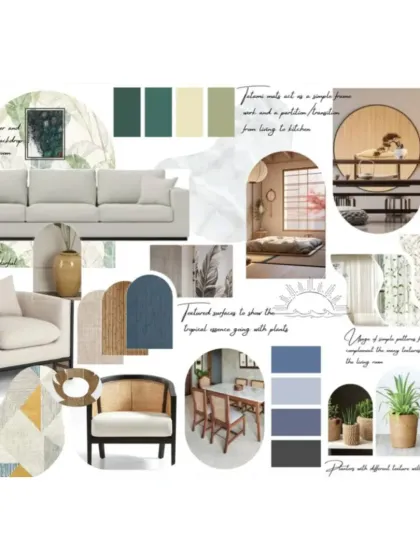 A living area mood board that balances style and comfort with a neutral color palette, layered textures, and simple furniture with colorful accents.