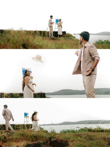 A collage capturing the playful and romantic moments from their painting-themed pre-wedding shoot. From the hat flying off in the wind to the shared smiles, it's a story in a few frames.