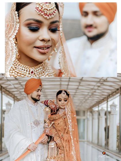 A collage showing a close-up of the bride's makeup and a shot of the groom adjusting her attire, highlighting both beauty and care.