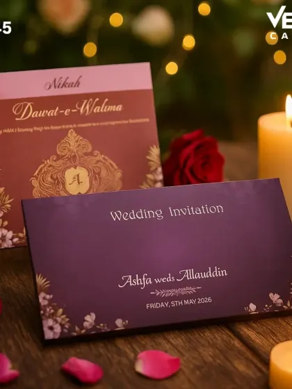 This elegant invitation was designed for a Muslim wedding, with separate cards for the Nikah and Dawat-e-Walima. The design uses a rich color palette and a beautiful monogram, demonstrating how I tailor cards for different cultural ceremonies.