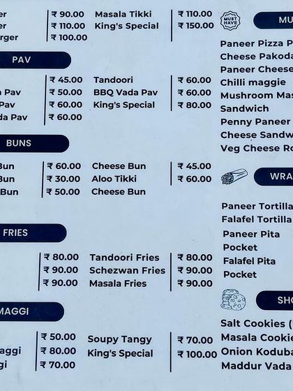 The food menu at King's Coffee Co. highlights their popular and well-priced offerings like Vada Pav, burgers, and Maggi. We help structure these successful elements into a replicable franchise model.