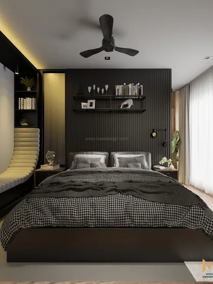A close-up of the bed and headboard area, with dark fluted panels and minimalist shelving.