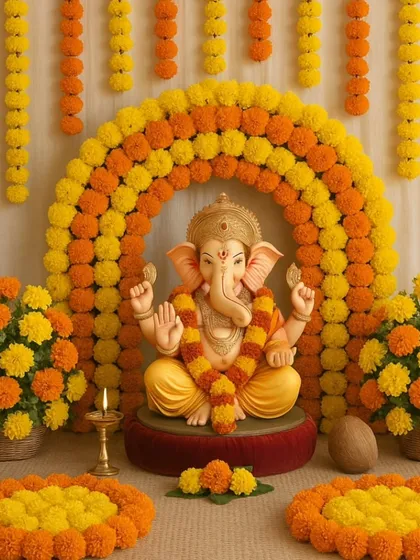 A classic and beloved design for Ganpati, this setup features a beautiful arch of orange and yellow marigolds. The idol is surrounded by matching floral arrangements, creating a warm, traditional, and auspicious environment.