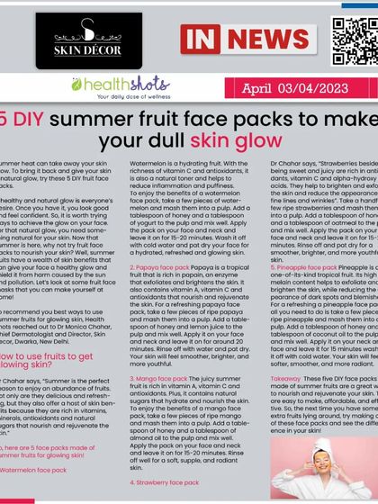 Healthshots featured my advice on DIY summer fruit face packs. While professional treatments are key, I also believe in empowering you with safe and effective home care tips for glowing skin.
