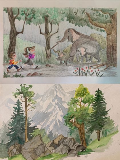 These student works show a range of styles, from a whimsical illustration to a realistic mountain landscape, demonstrating the versatility of watercolor.
