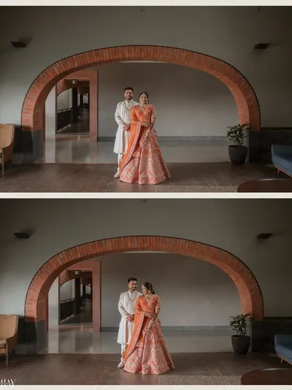 This diptych shows two compositions under a large brick archway. We use the architectural frame to create both a formal portrait and a more intimate, interactive shot of the couple.