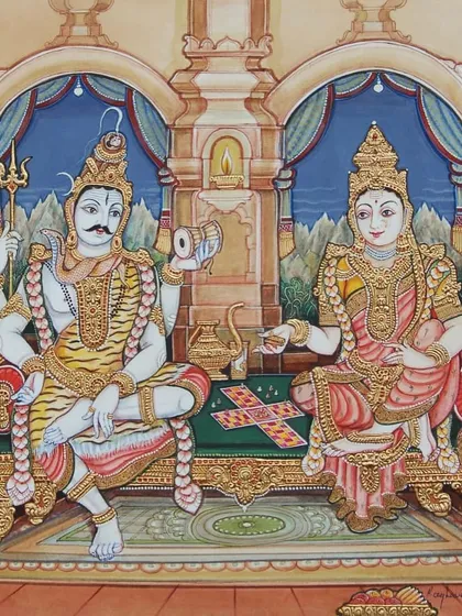 Step into a captivating world where Lord Shiva and Goddess Parvati engage in a delightful game of Pagade (a traditional board game), showcasing their divine chemistry and joyous camaraderie.