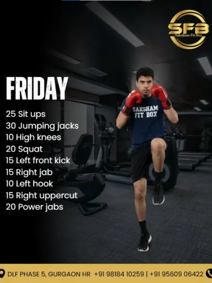 The Friday workout is designed to end the week strong with sit-ups, jumping jacks, squats, and powerful jab and uppercut drills.