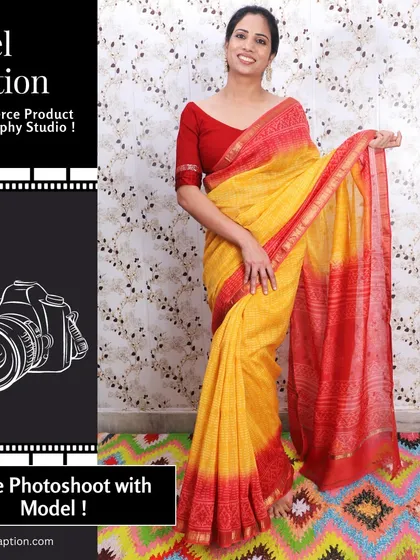 Another pose for the same red and yellow saree, highlighting the fabric's texture and the intricate border design. We provide a variety of shots for a comprehensive product listing.