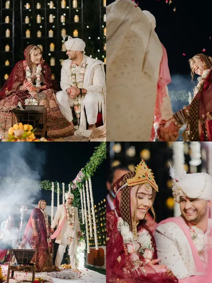 A collage of sacred moments, from the pheras by the fire to the holding of hands, telling the story of their union.