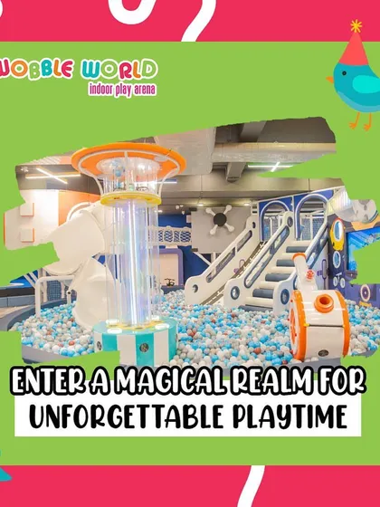 A view of our magical play realm. The central structure combines climbing, sliding, and interactive play all within the ball pit area.