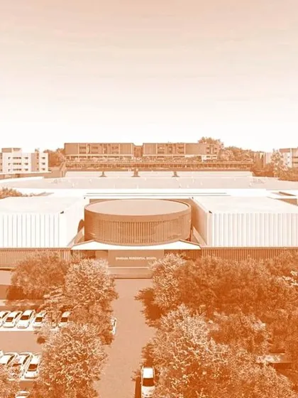 A conceptual view of the Sharada Residential School masterplan, highlighting the main entrance and the relationship between the different building clusters.