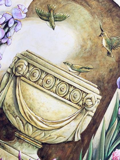 Another perspective on the "Garden Alcove I" print, focusing on the delicate details of the birds and flowers. The high-quality giclée printing process ensures that every subtle brushstroke and color gradient is faithfully reproduced.