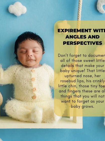 An adorable baby on a swing prop against a sky-blue background, demonstrating creative and playful setups.
