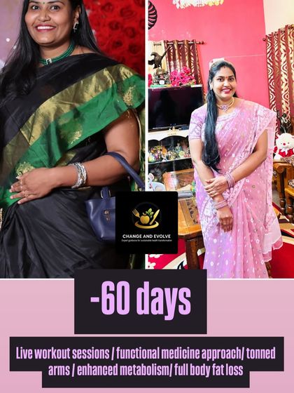 A full-body transformation in 60 days. Through live workout sessions and a functional medicine approach, this client achieved toned arms, enhanced metabolism, and significant fat loss.