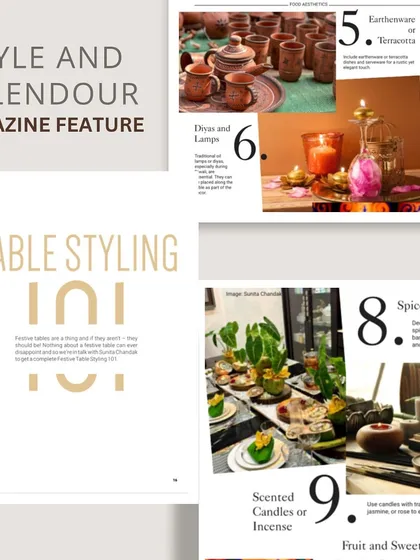 Another look at my feature in Foodism Magazine. This spread focused on using earthenware, diyas, and scented candles to create an inviting and sensory experience for guests.