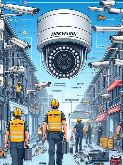 This artwork shows our team installing a comprehensive Hikvision security system across a whole street, illustrating our capability for large projects.