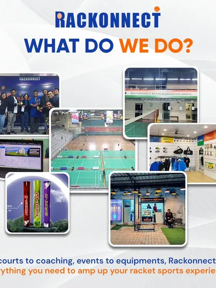 This collage answers the question "What do we do?". It provides a visual summary of our offerings, from courts and coaching to events, equipment, and our tech platform.