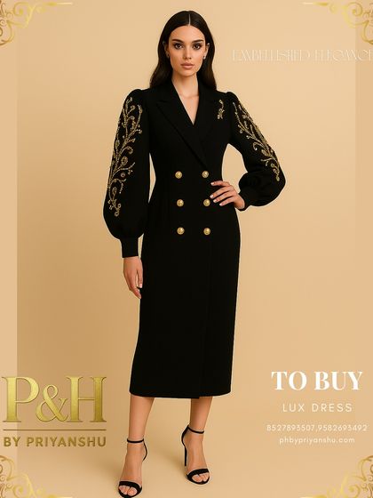 A full-length shot of the black and gold embroidered dress, capturing its commanding presence. The tailored silhouette flatters the form while the embellished sleeves add a touch of regal drama.