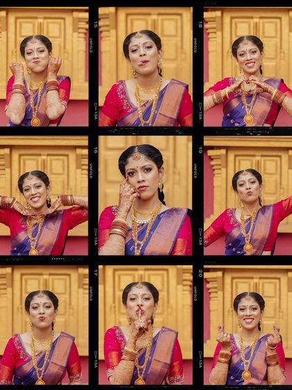 A grid collage of a bride's expressive and playful portraits against a vibrant red and gold background.