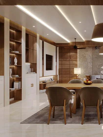 A view from the dining area into the living space, highlighting the open-plan layout and the consistent, warm material palette.