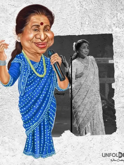A caricature of the legendary singer Asha Bhosle, capturing her timeless grace.