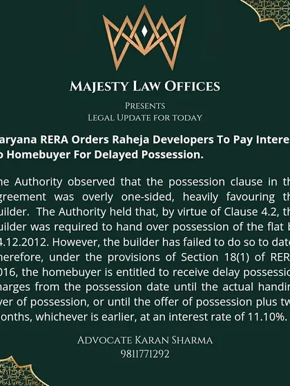 Here is a clear example of how we hold builders accountable. In this case, the Haryana RERA authority ordered a developer to pay 11.10% interest to a homebuyer for delayed possession. If your builder is not delivering on time, the RERA Act gives you the right to claim compensation, and I can help you navigate the process to get what you are owed.