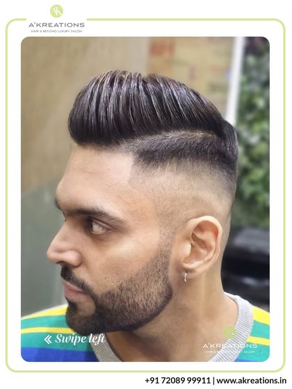 This high-fade haircut is paired with a voluminous, combed-back top, creating a strong and stylish silhouette.