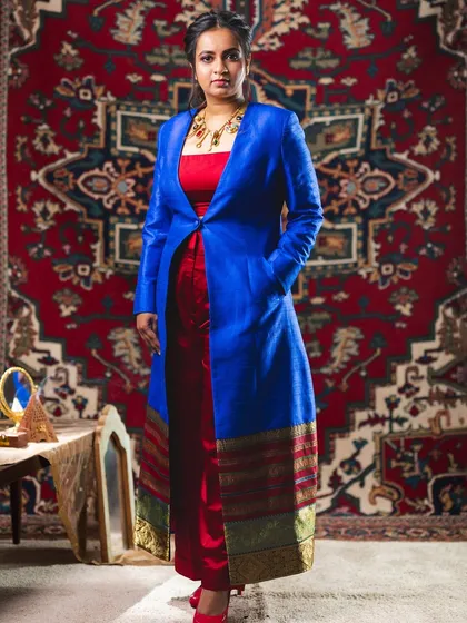 The full-length view of the pant-suit and jacket ensemble. This look was a family project, celebrating my journey with the people I love.
