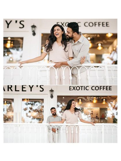 A duplicate of image 84, a collage showing a couple's pre-wedding shoot at a modern cafe.