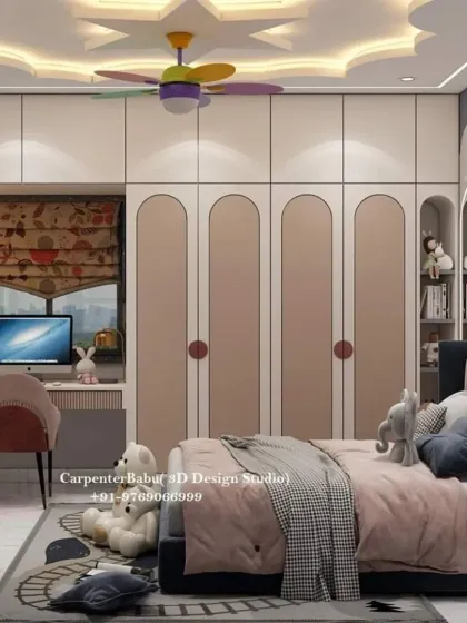 This view shows the functional wardrobe and study area, designed with a soft pink and white color palette and modern arched details.