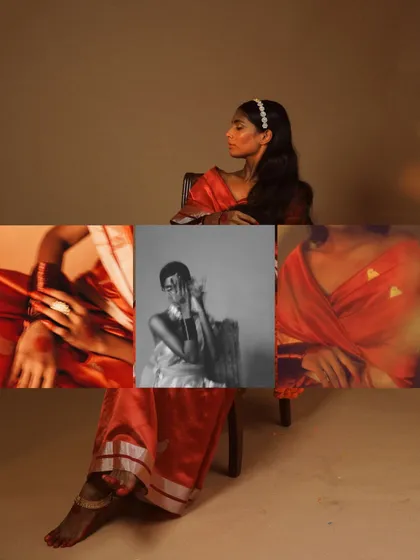 A creative collage from a fashion shoot, showcasing different angles and moods of a single look. We played with light, movement, and color to capture the flow of the silk saree and the intricate details of the jewelry. This is how we build a complete visual story for a brand.
