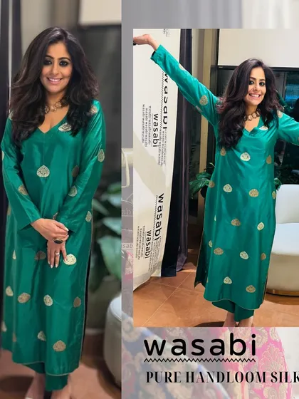 I love the luxurious charm of handcrafted pure silk suits. This emerald green set with gold motifs is perfect for dressing up and blending timeless tradition with modern flair.